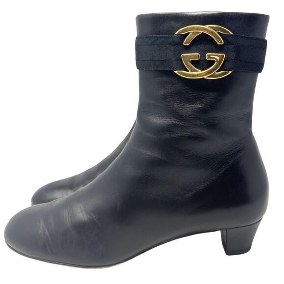 Gucci GG Logo Interlocking Monogram Black Leather High Heels Mid-Calf Boots 37.5 - Picture 3 of 11